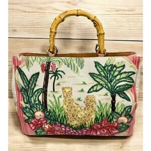Y2K Isabella Fiore Sequined Leopard Print Bamboo Handle Tote Bag